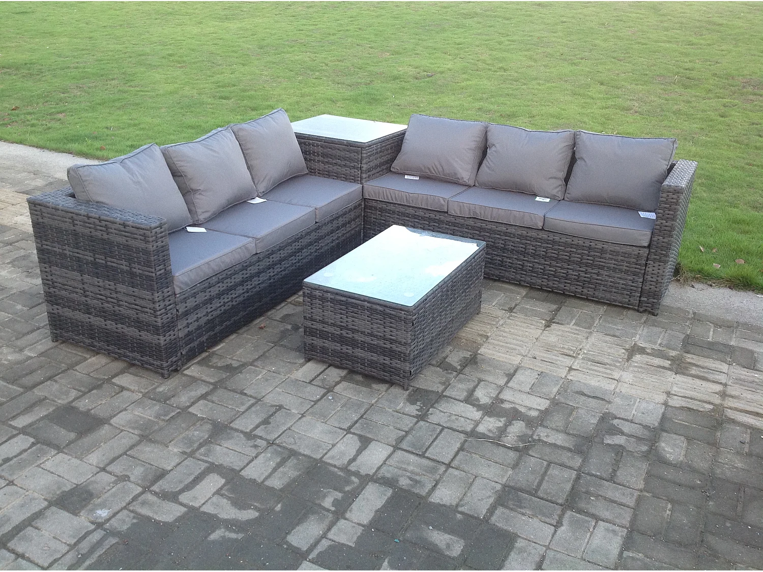 Fimous Grey Rattan Corner Sofa Set Outdoor Garden Furniture Oblong Coffee Table Set Patio With Cushions