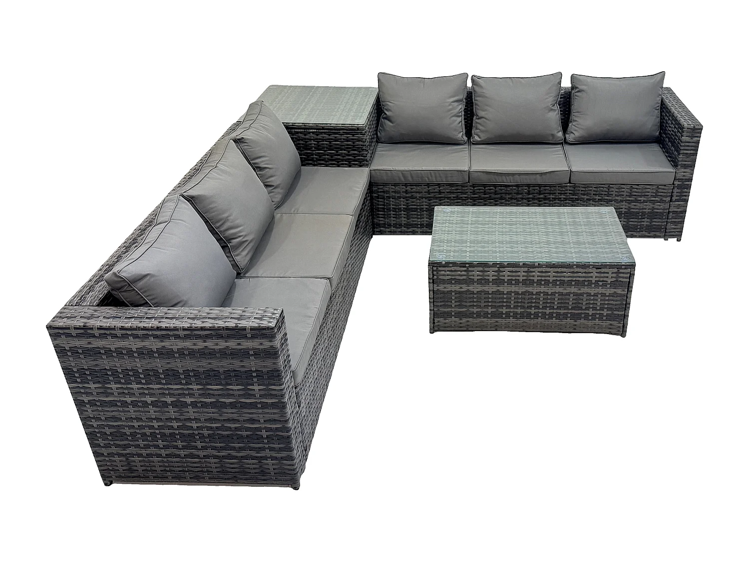 Fimous Grey Rattan Corner Sofa Set Outdoor Garden Furniture Oblong Coffee Table Set Patio With Cushions