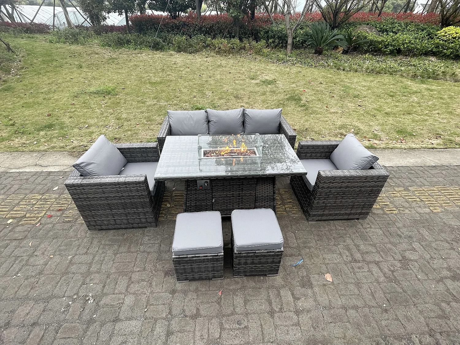 Fimous Outdoor PE Rattan Garden Furniture Gas Fire Pit Dining Table Lounge Sofa 2 PC Armchairs 2 PC Footstools Dark Grey Mixed Patio