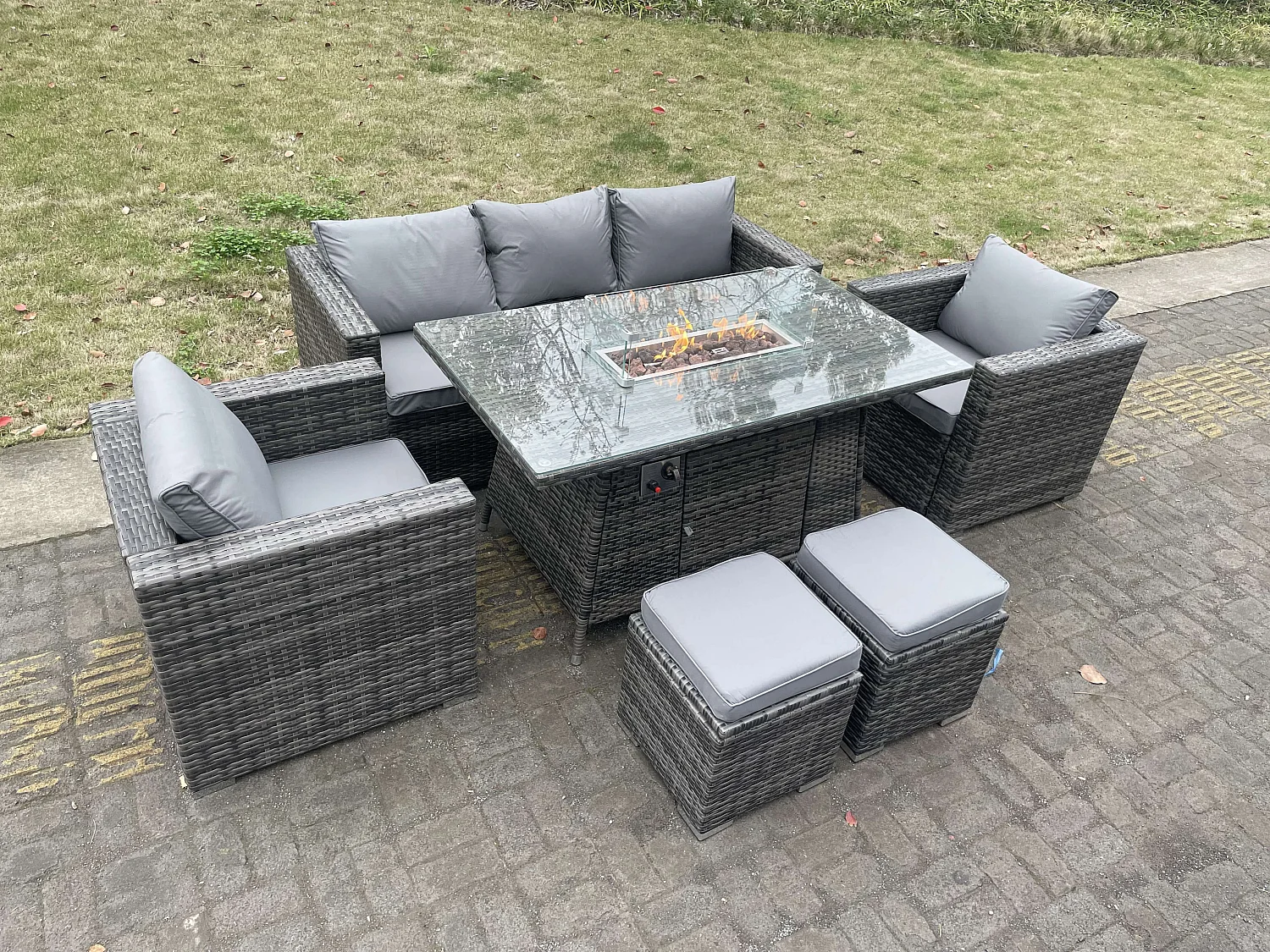 Fimous Outdoor PE Rattan Garden Furniture Gas Fire Pit Dining Table Lounge Sofa 2 PC Armchairs 2 PC Footstools Dark Grey Mixed Patio