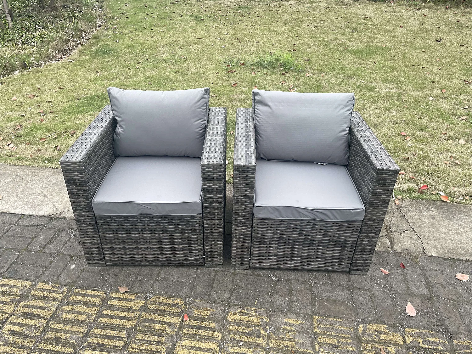 Fimous Outdoor PE Rattan Garden Furniture Gas Fire Pit Dining Table Lounge Sofa 2 PC Armchairs 2 PC Footstools Dark Grey Mixed Patio
