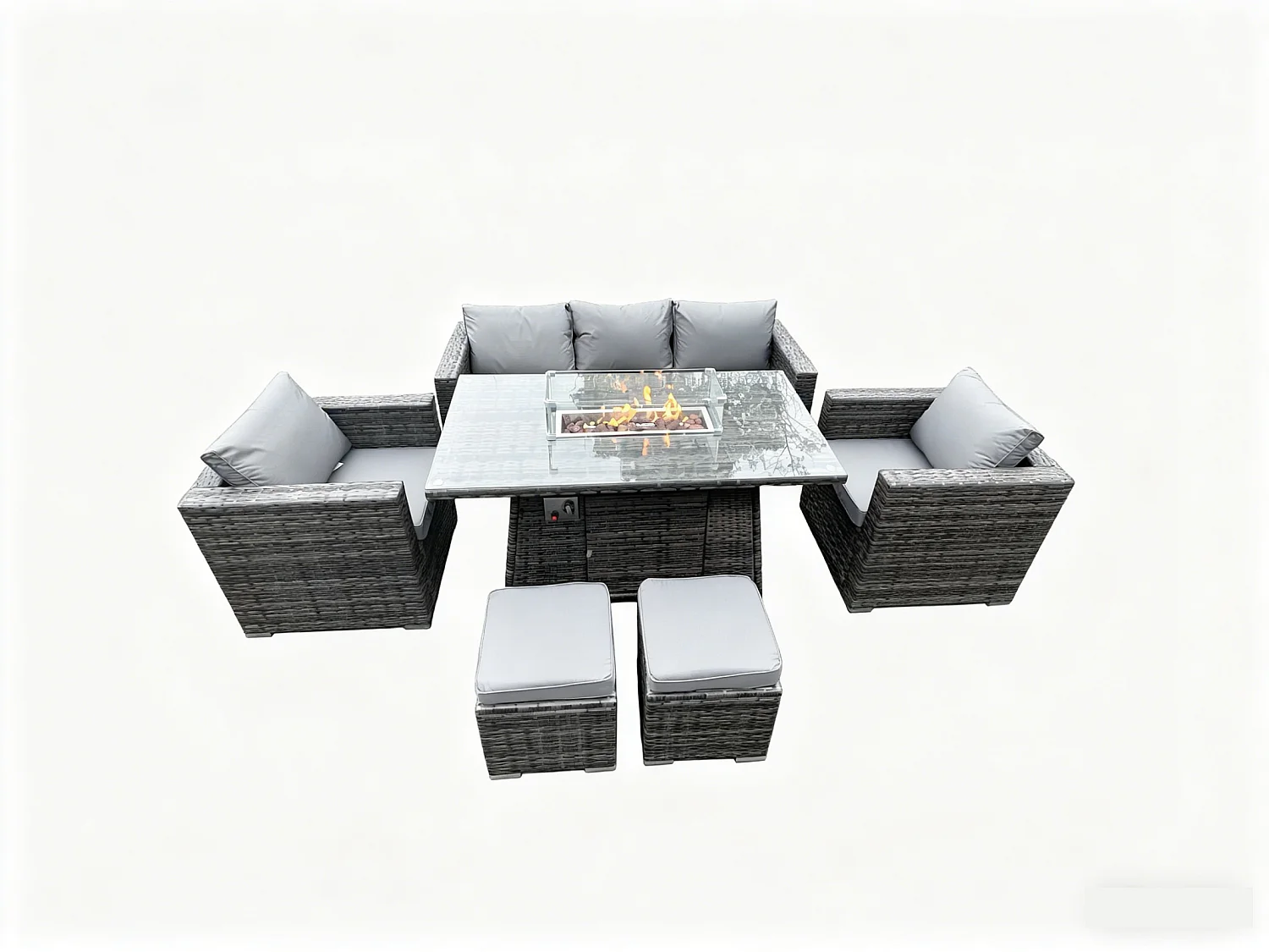 Fimous Outdoor PE Rattan Garden Furniture Gas Fire Pit Dining Table Lounge Sofa 2 PC Armchairs 2 PC Footstools Dark Grey Mixed Patio