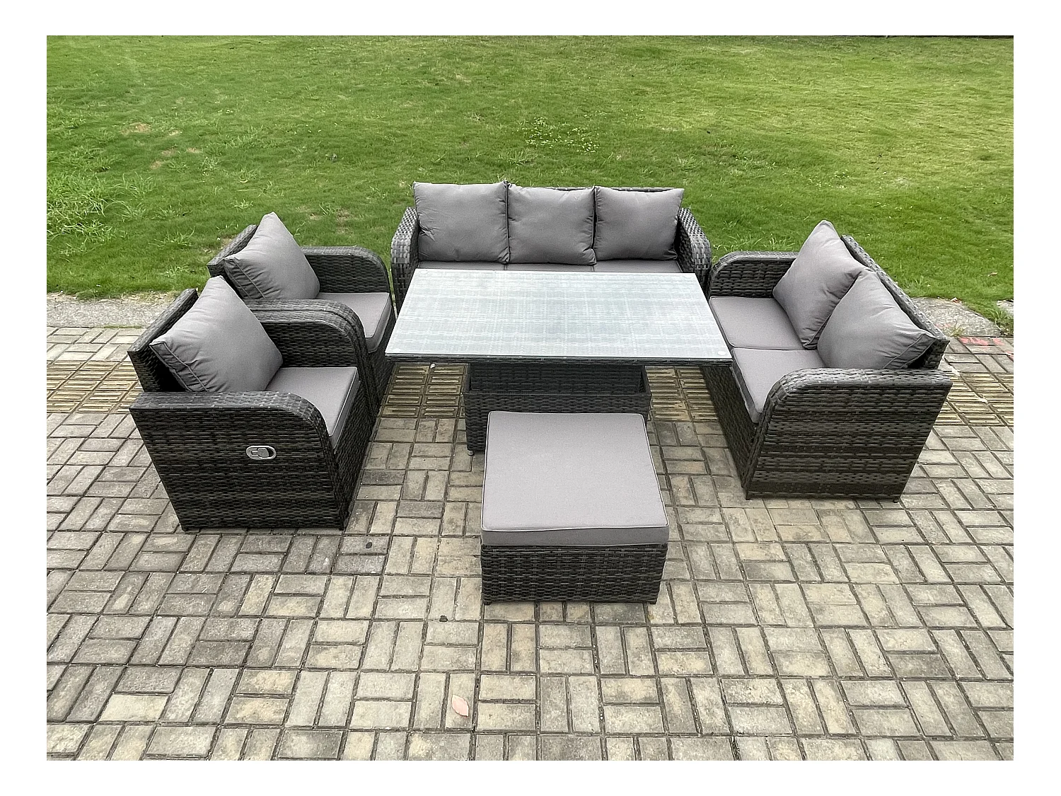 Polyrattan Gartenmöbel Set mit Einstellbare Höhe Esstisch 2 Liegestuhl sofa Hocker