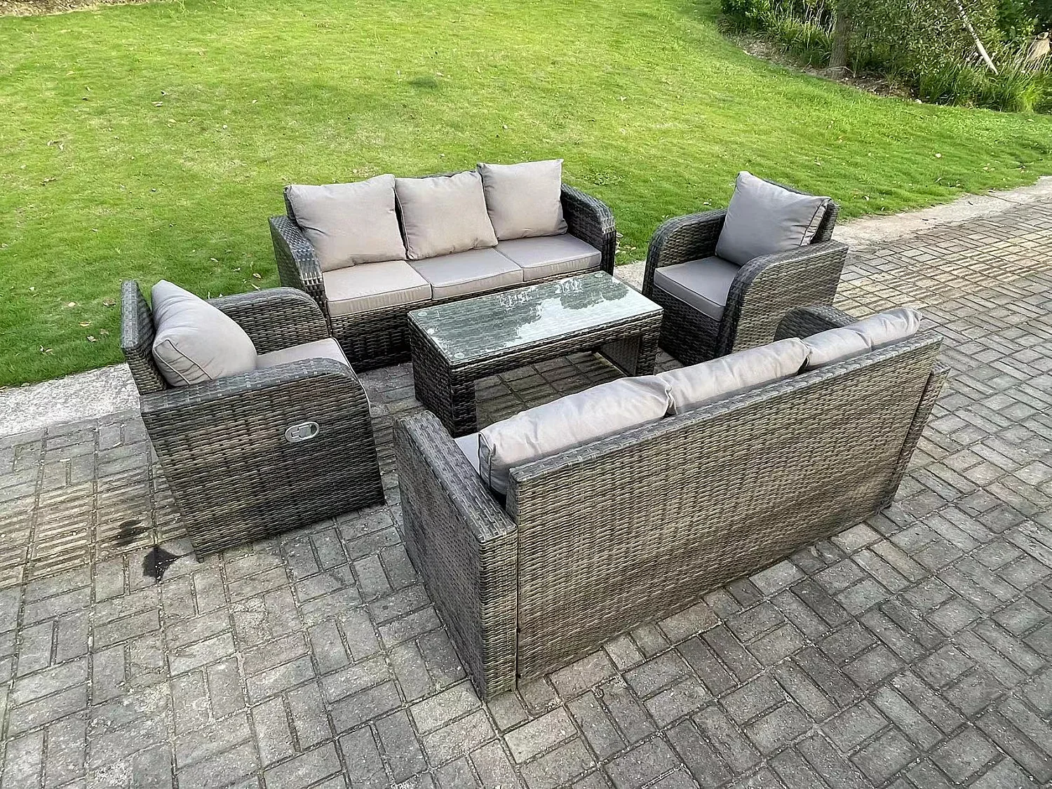 Fimous 8 Seater Dark Grey PE Wicker Rattan Garden Furniture Set Reclining Chair Lounge 3 Seater Sofa Set Outdoor Rectangular Coffee Table