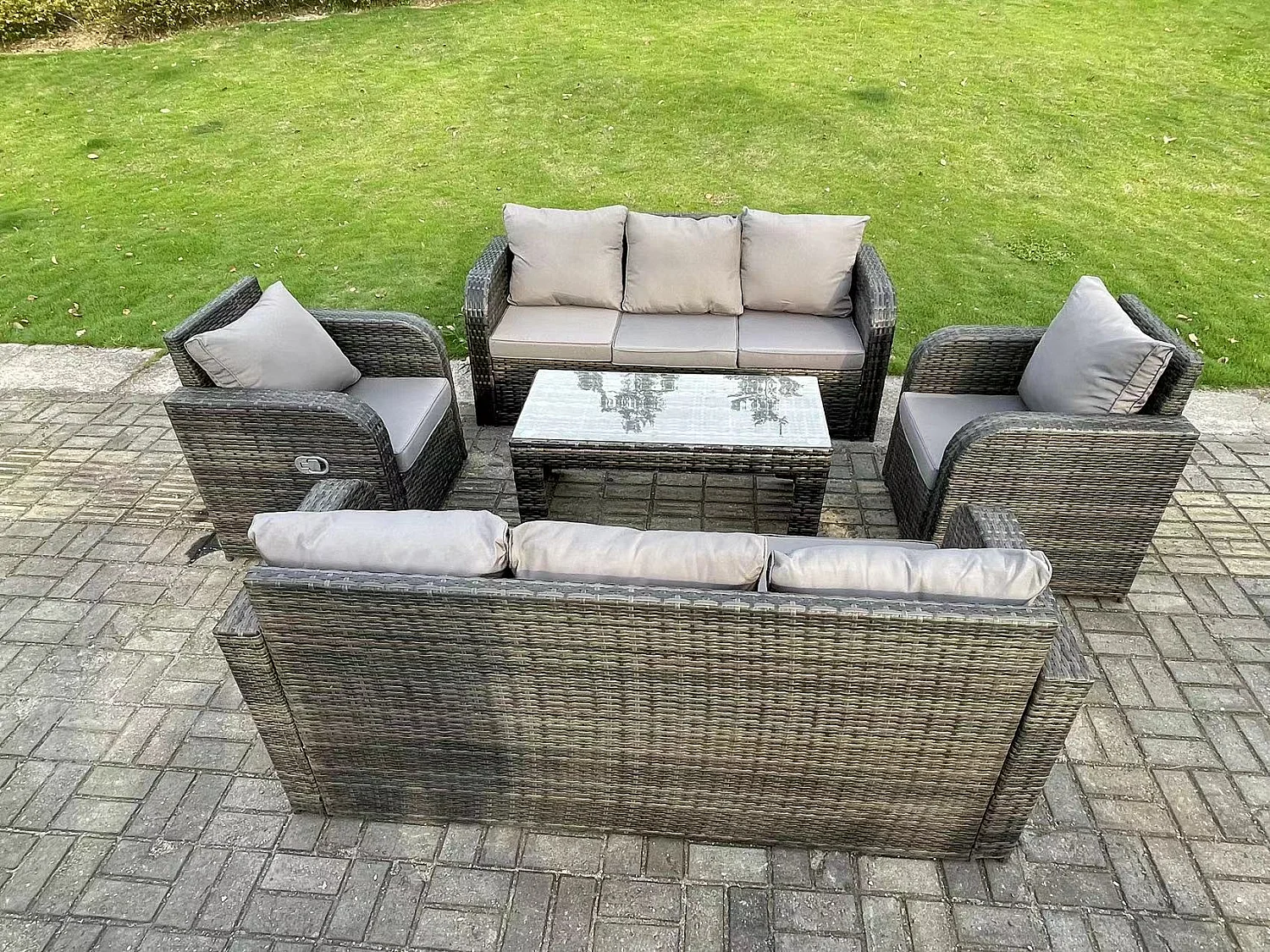 Fimous 8 Seater Dark Grey PE Wicker Rattan Garden Furniture Set Reclining Chair Lounge 3 Seater Sofa Set Outdoor Rectangular Coffee Table