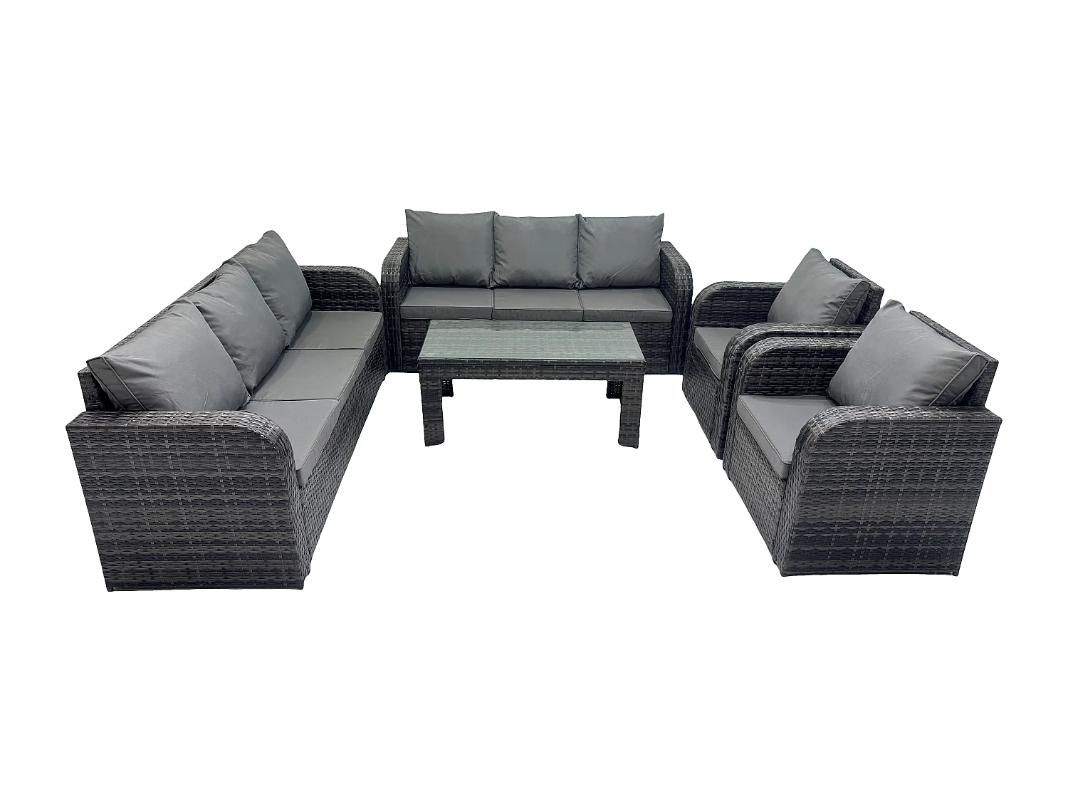 Fimous 8 Seater Dark Grey PE Wicker Rattan Garden Furniture Set Reclining Chair Lounge 3 Seater Sofa Set Outdoor Rectangular Coffee Table