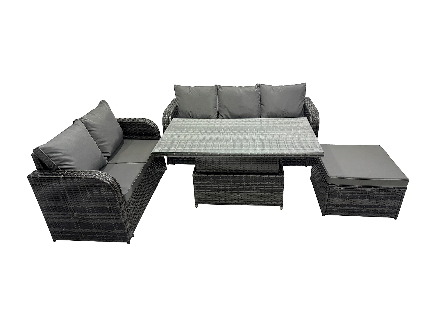 Fimous Outdoor Rattan Garden Furniture Sets Height Adjustable Rising lifting Dining Table Lounge Sofa Set With Big Footstool Dark Grey Mixed