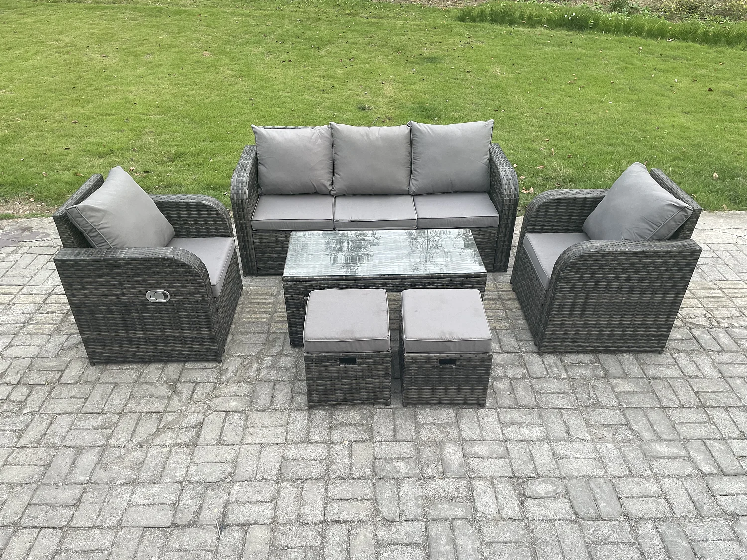 7 places Ensemble de meubles de jardin en polyrotin avec Table basse rectangulaire Chaise inclinable Canapé 3 places