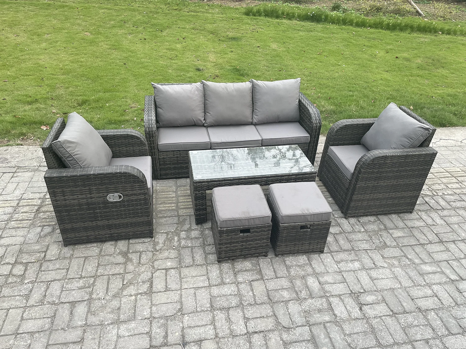 7 places Ensemble de meubles de jardin en polyrotin avec Table basse rectangulaire Chaise inclinable Canapé 3 places