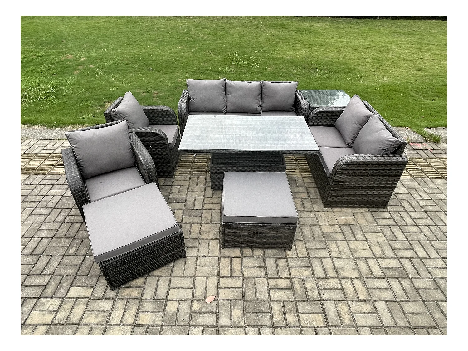 Ensemble de salle à manger jardin en rotin ave Table à manger réglable en hauteur 2 Chaises inclinable Canapé d'amour 2 Grand Tabourets Table d'appoint