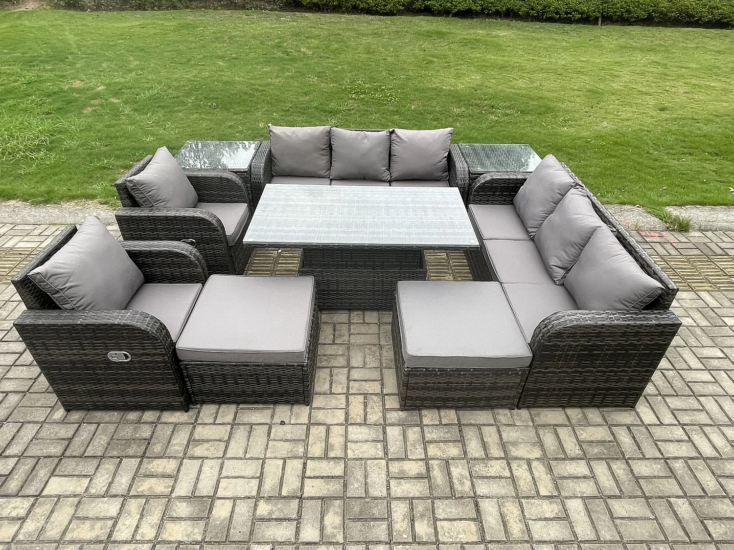 Fimous Rattan Outdoor Garden Furniture Sets Height Adjustable Rising lifting Dining Table Reclining Chair Sofa Set with 2 Side Tables 2 Big Footstools