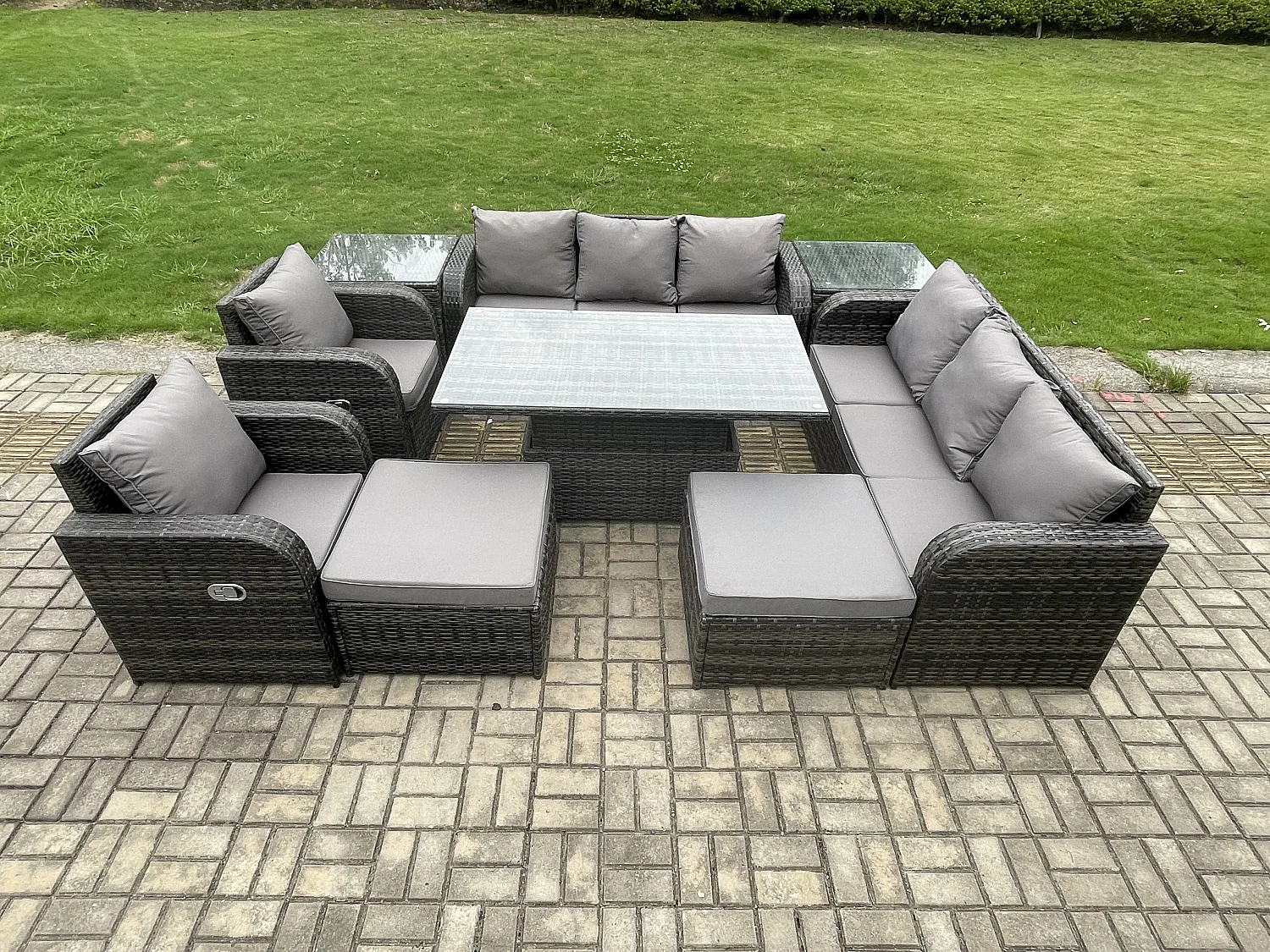 Fimous Rattan Outdoor Garden Furniture Sets Height Adjustable Rising lifting Dining Table Reclining Chair Sofa Set with 2 Side Tables 2 Big Footstools