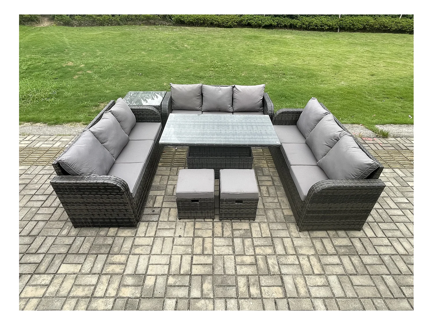 Rattan Gartensofa Set mit Einstellbare Höhe Esstisch 3 sofa Beistelltisch 2 Hocker
