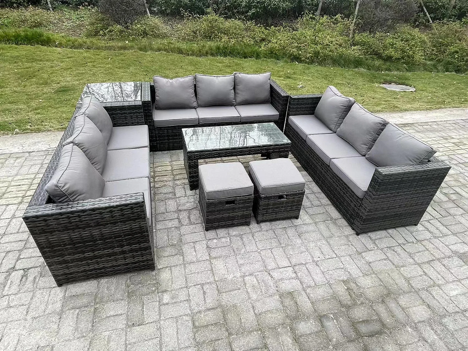 Ensemble de meubles de jardin en rotin ave canapé Table basse Table d'appoint 2 Tabourets Mélange gris foncé