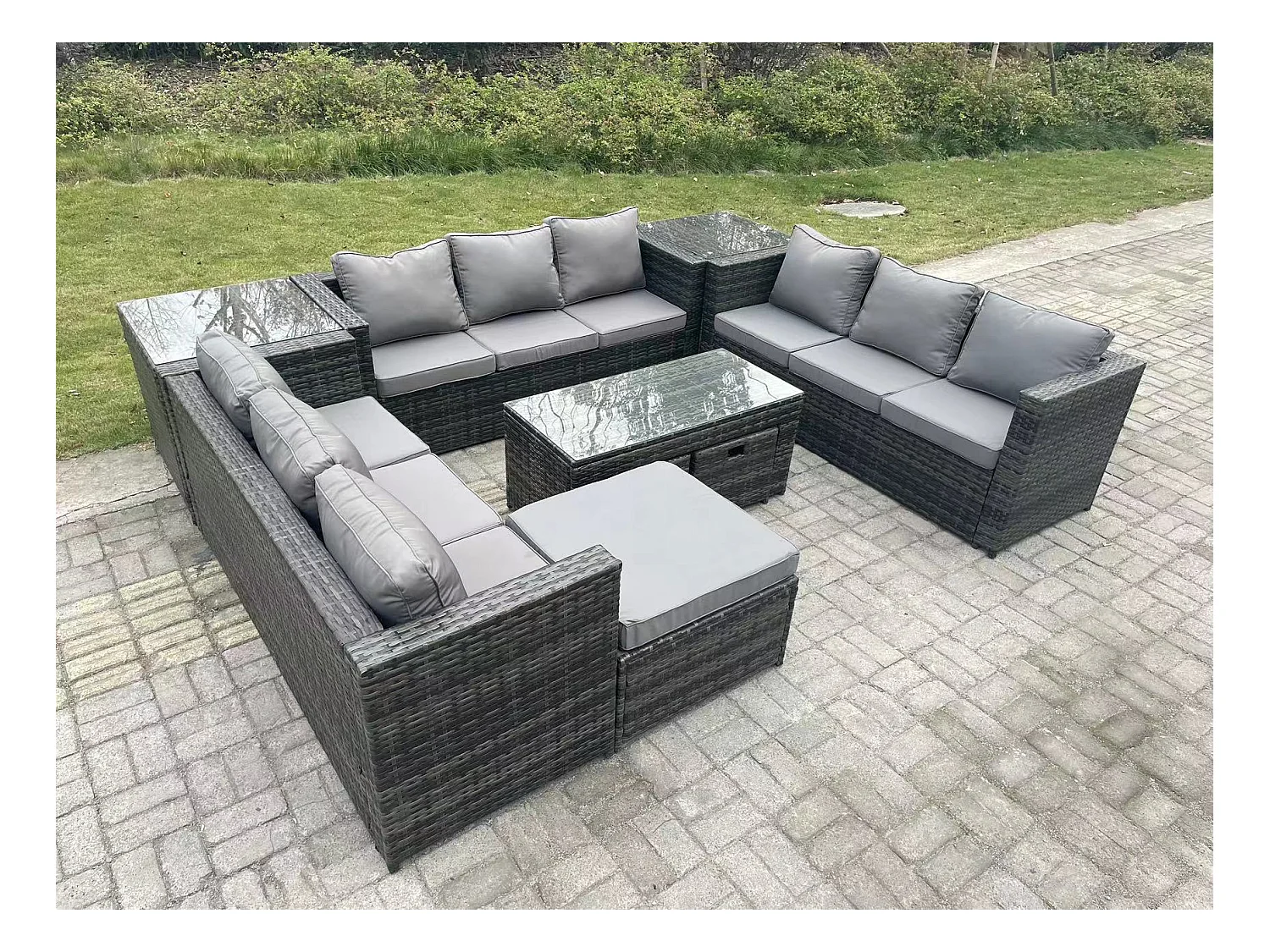 Mobilier de jardin extérieur 12 Places ave canapé Table basse 2 Table d'appoint 3 Tabourets Mélange gris foncé