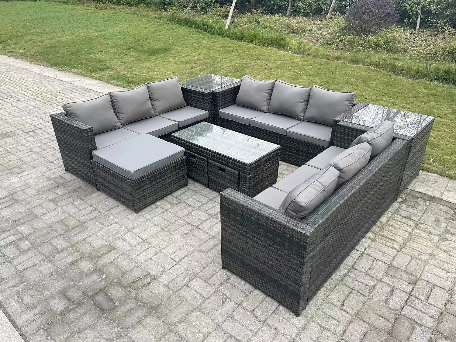 Rattan Gartenmöbel Set 12-Sitzer mit sofa Couchtisch 2 Beistelltisch 3 Hocker Dunkelgrau gemischt