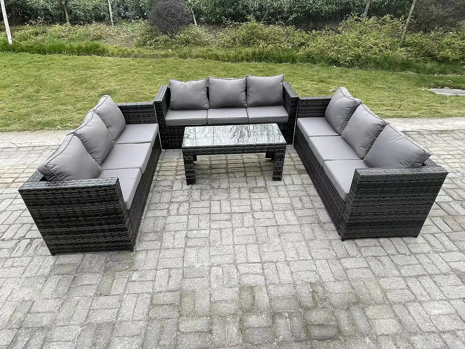 Fimous Outdoor 3 PC Three Seater Ssofa Rattan Garden Furniture Lounge Sofa Set With Oblong Rectagular Coffee Table