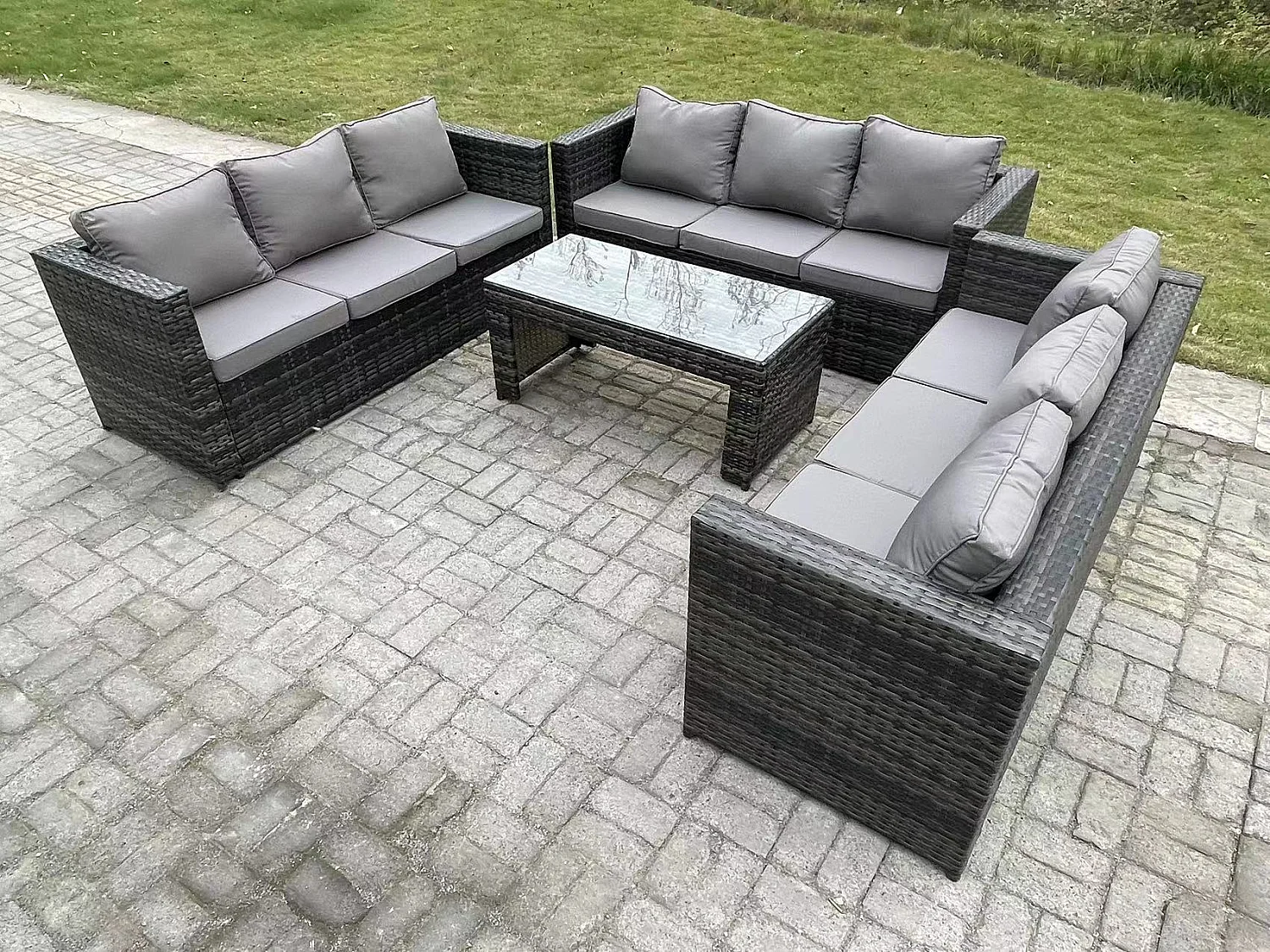 Fimous Outdoor 3 PC Three Seater Ssofa Rattan Garden Furniture Lounge Sofa Set With Oblong Rectagular Coffee Table
