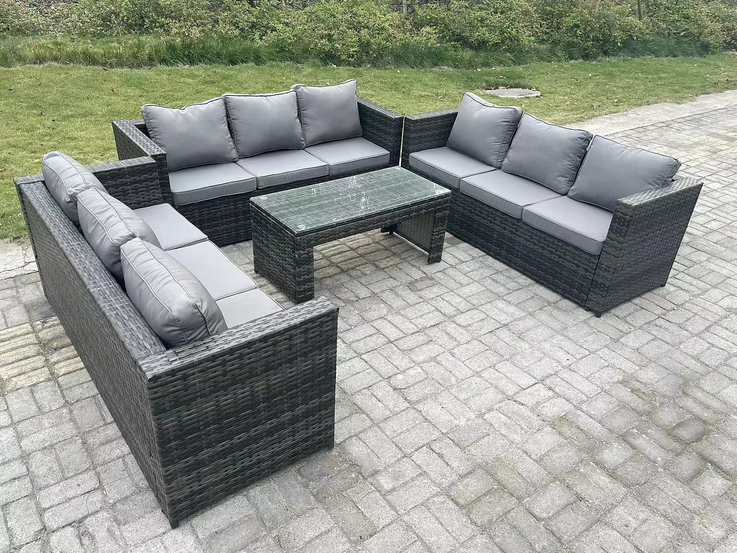 Fimous Outdoor 3 PC Three Seater Ssofa Rattan Garden Furniture Lounge Sofa Set With Oblong Rectagular Coffee Table