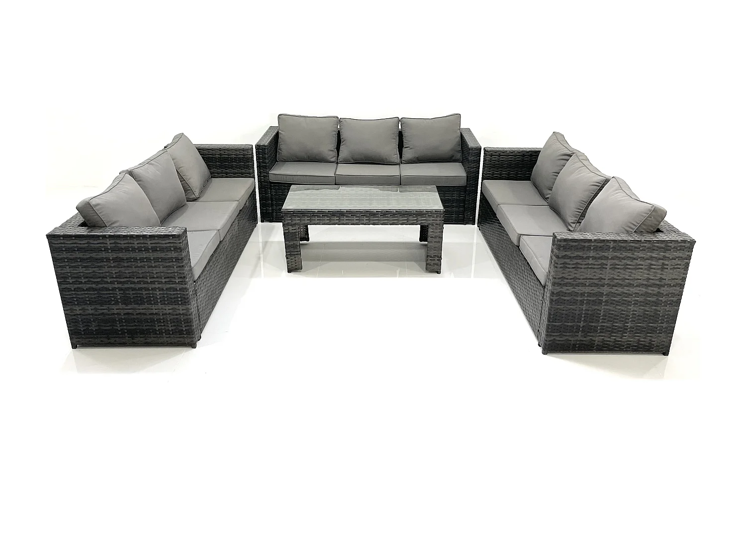 Fimous Outdoor 3 PC Three Seater Ssofa Rattan Garden Furniture Lounge Sofa Set With Oblong Rectagular Coffee Table