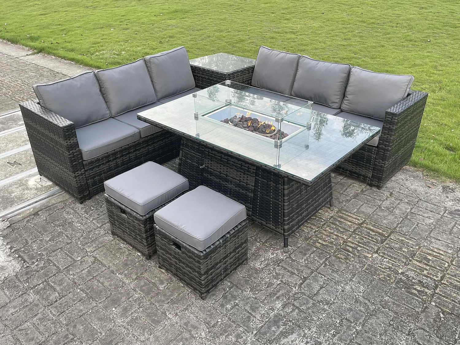 Fimous Outdoor Rattan Garden Corner Furniture Gas Fire Pit Table Sets Gas Heater Lounge Small Footstools Dark Grey 8 Seater