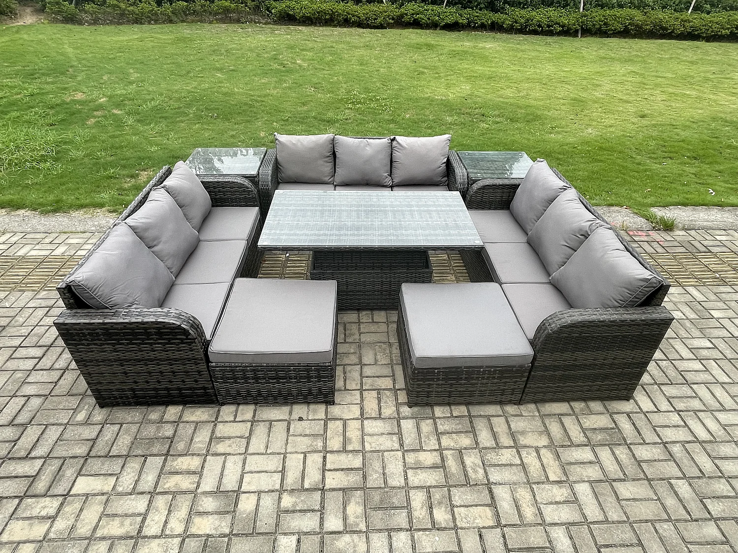Fimous 11 Seater Garden Dining Sets Outdoor Rattan Furniture Lounge Sofa Height Adjustable Rising lifting Table With 2 Side Tables 2 Big Footstool Dark Grey Mixed