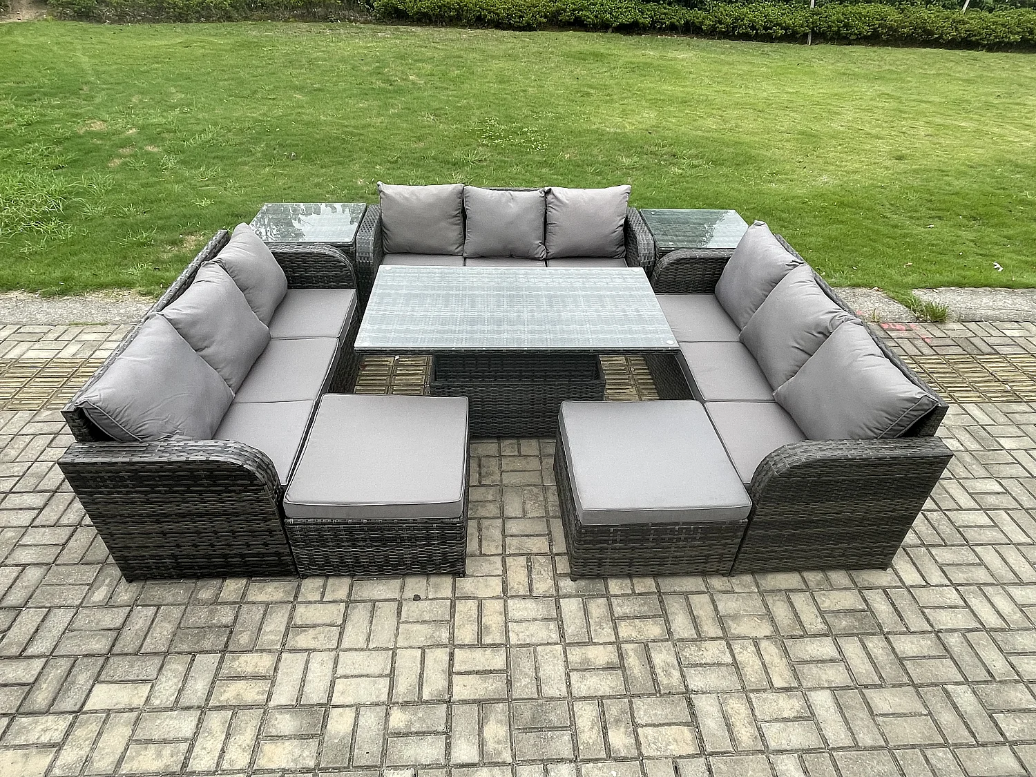 Fimous 11 Seater Garden Dining Sets Outdoor Rattan Furniture Lounge Sofa Height Adjustable Rising lifting Table With 2 Side Tables 2 Big Footstool Dark Grey Mixed