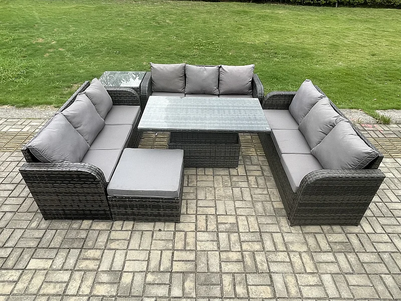 Rattan Gartensofa Set mit Einstellbare Höhe Esstisch 3 sofa Grand Hocker Beistelltisch