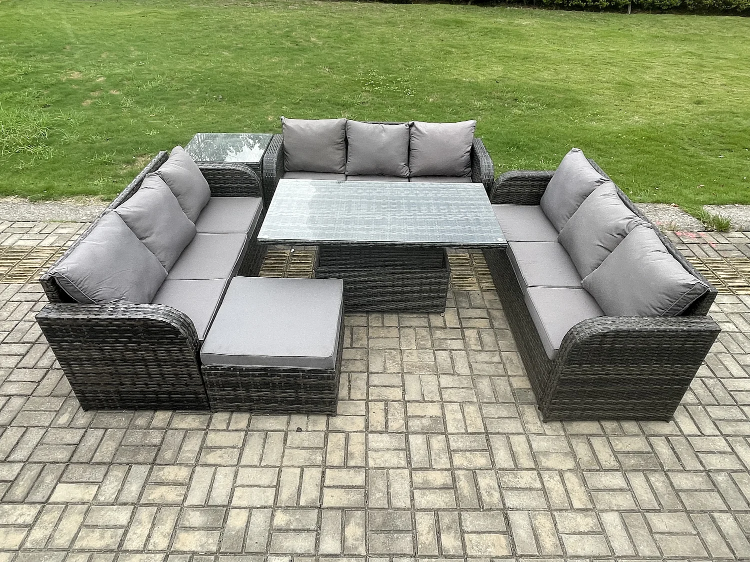 Fimous Patio Garden Dining Set Outdoor Rattan Furniture Lounge Sofa Height Adjustable Rising lifting Table With Side Table Big Footstool Dark Grey Mixed