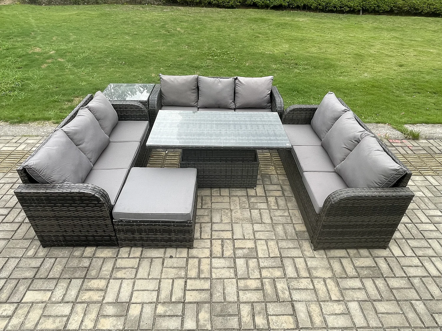 Fimous Patio Garden Dining Set Outdoor Rattan Furniture Lounge Sofa Height Adjustable Rising lifting Table With Side Table Big Footstool Dark Grey Mixed