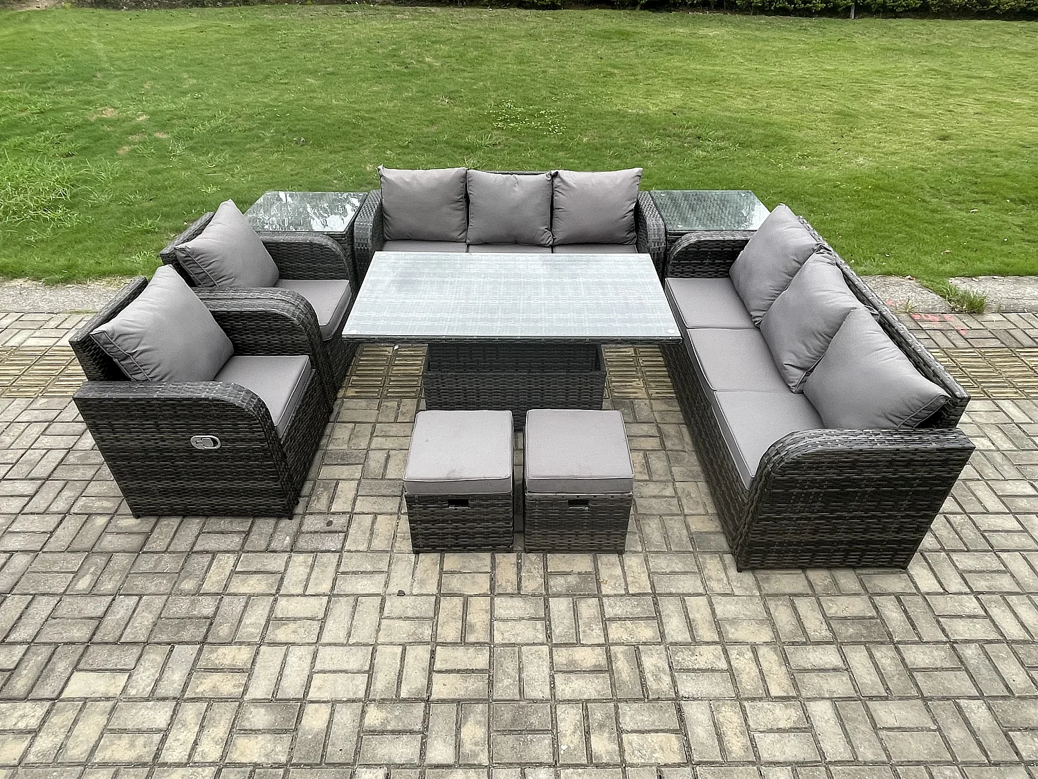 Fimous Rattan Outdoor Garden Furniture Sets Height Adjustable Rising lifting Dining Table Reclining Chair Sofa Set with 2 Side Tables