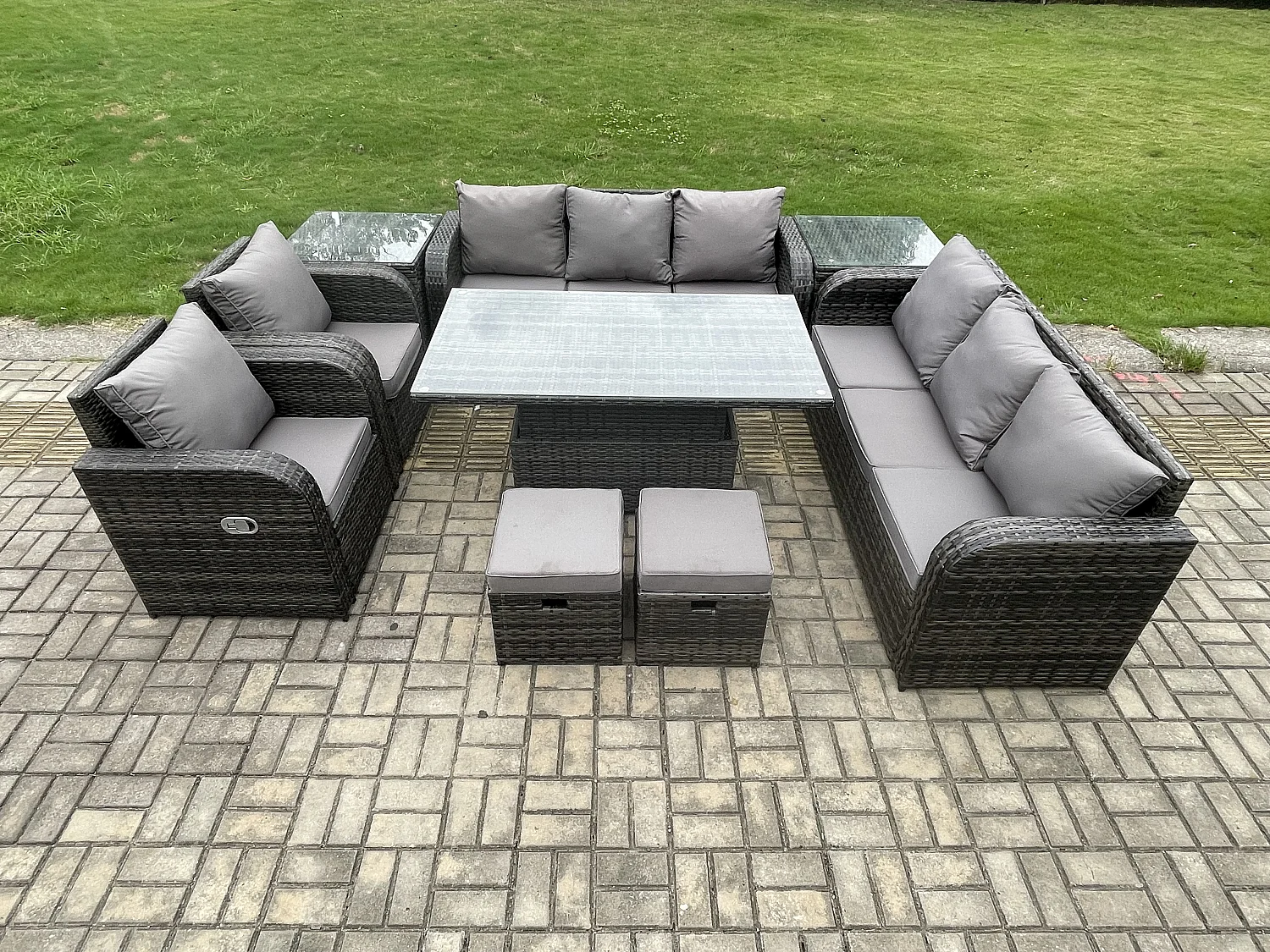 Fimous Rattan Outdoor Garden Furniture Sets Height Adjustable Rising lifting Dining Table Reclining Chair Sofa Set with 2 Side Tables