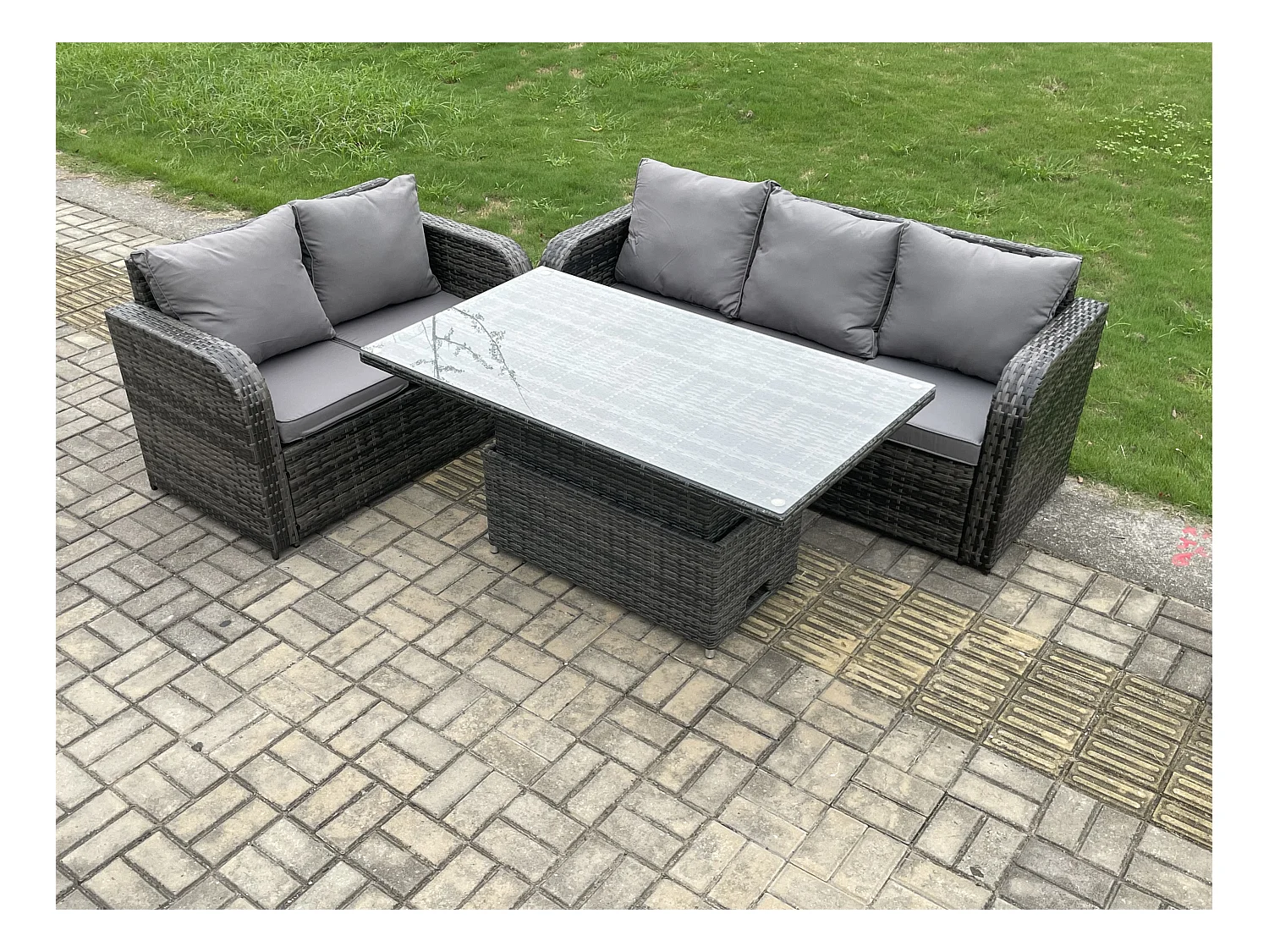 Rattan Gartensofa Set 5-Sitzer mit Einstellbare Höhe Esstisch sofa Dunkelgrau gemischt