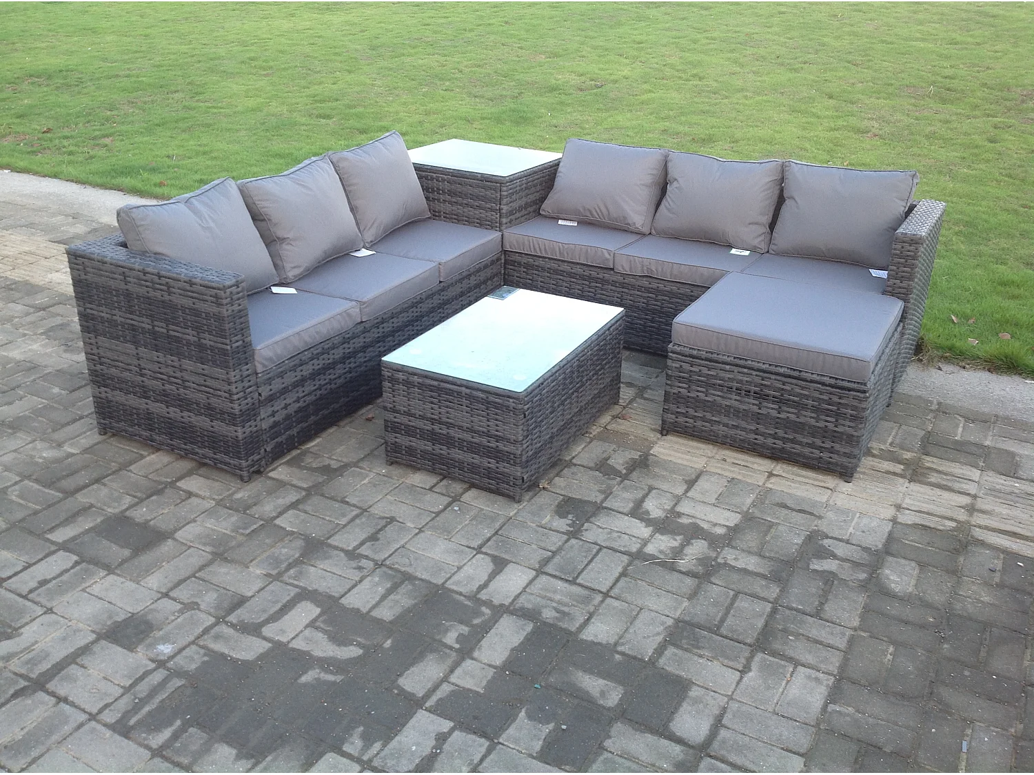 Rattan Gartenmöbel Set 7-Sitzer mit Ecksofa Beistelltisch Grand Hocker Dunkelgrau gemischt