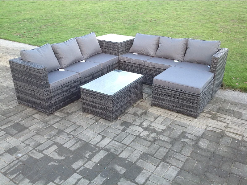 Rattan Gartenmöbel Set 7-Sitzer mit Ecksofa Beistelltisch Grand Hocker Dunkelgrau gemischt