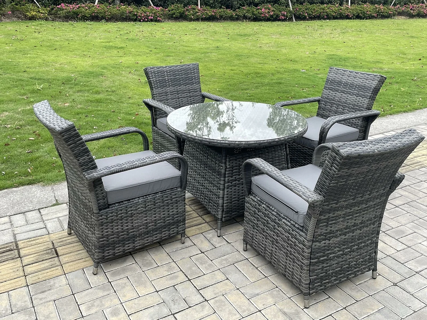 Fimous Outdoor Rattan Garden Furniture Dining Set Table And Chair Set Wicker Patio 4 Chairs Plus Round Clear Tempered Glass Table