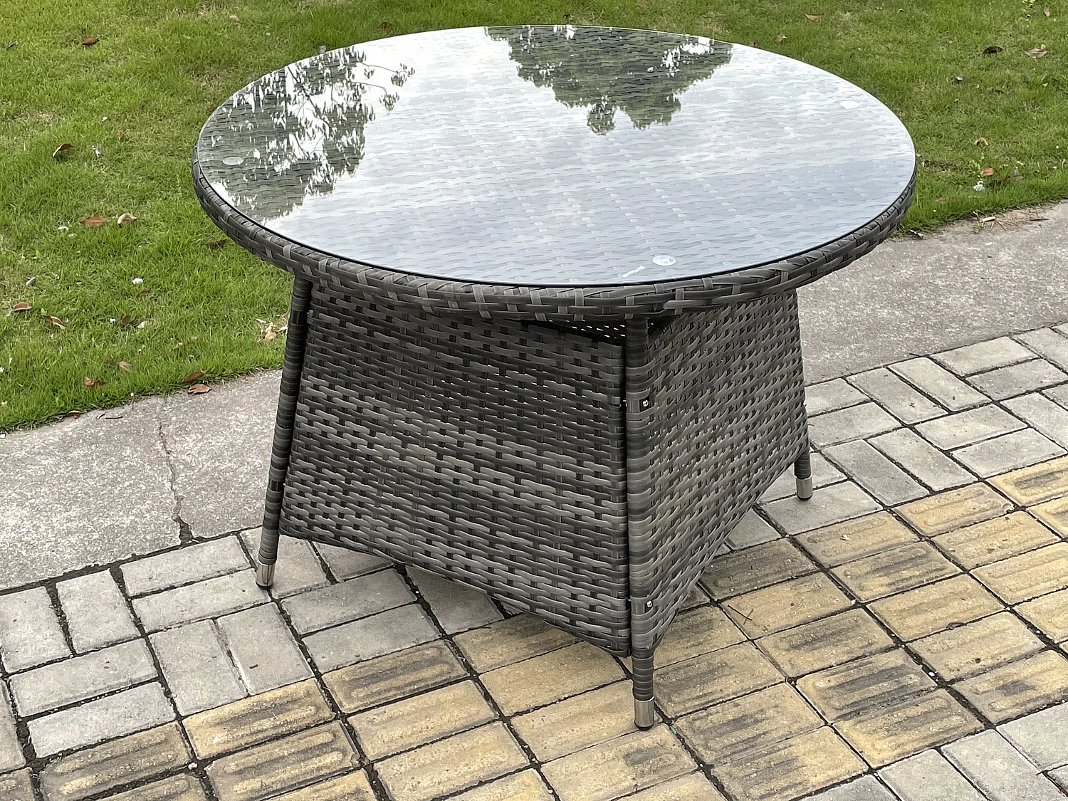 Fimous Outdoor Rattan Garden Furniture Dining Set Table And Chair Set Wicker Patio 4 Chairs Plus Round Clear Tempered Glass Table