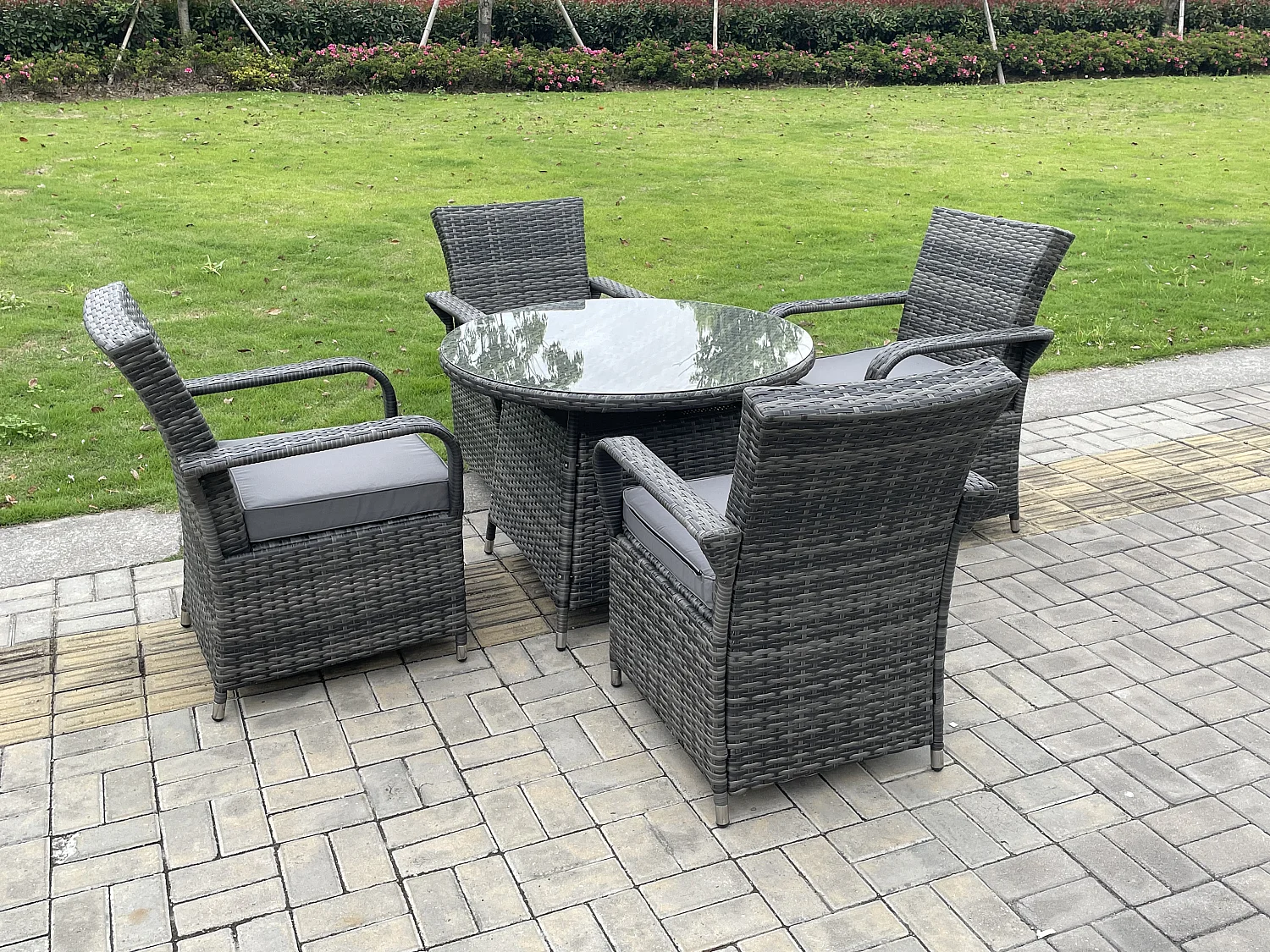 Fimous Outdoor Rattan Garden Furniture Dining Set Table And Chair Set Wicker Patio 4 Chairs Plus Round Clear Tempered Glass Table