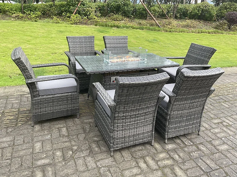 Polyrattan Gartenmöbel Set6 Stuhl mit Rechteckig Gas Feuertisch Rotin Dunkelgrau gemischt