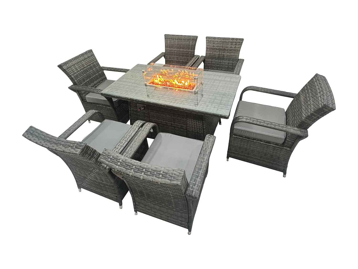 Fimous Rattan Garden Furniture Gas Fire Pit Rectangle Dining Table Gas Heater And Dining Chairs 6 Seater