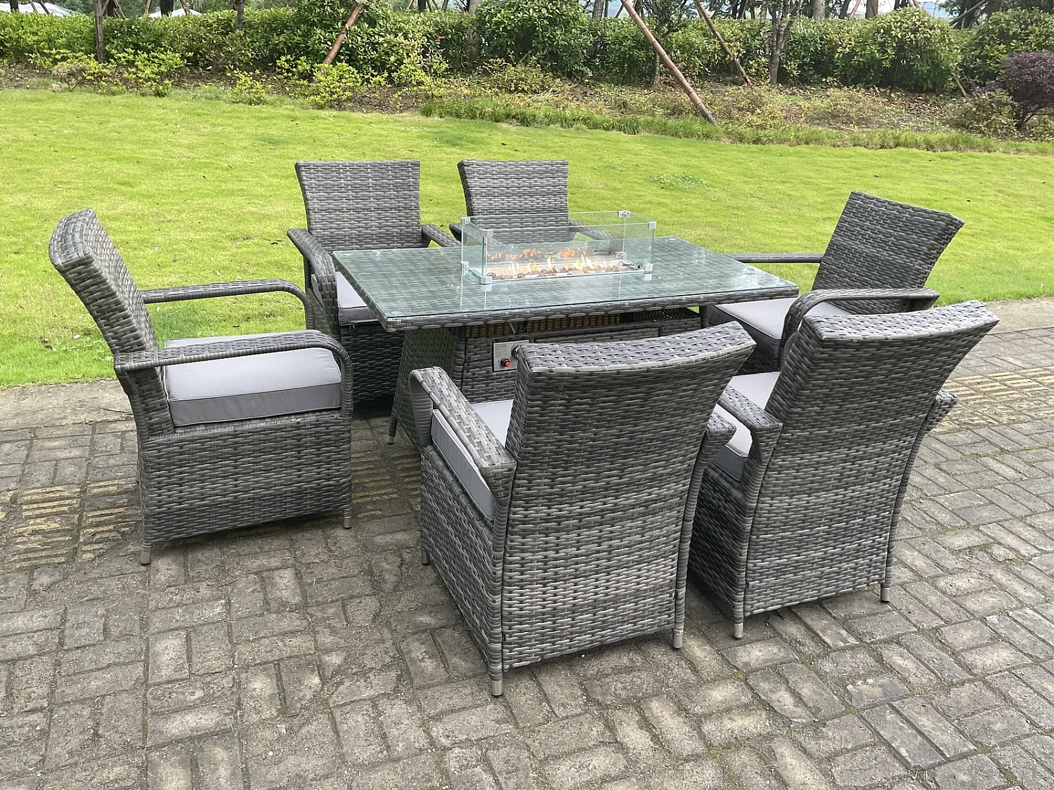 Fimous Rattan Garden Furniture Gas Fire Pit Rectangle Dining Table Gas Heater And Dining Chairs 6 Seater