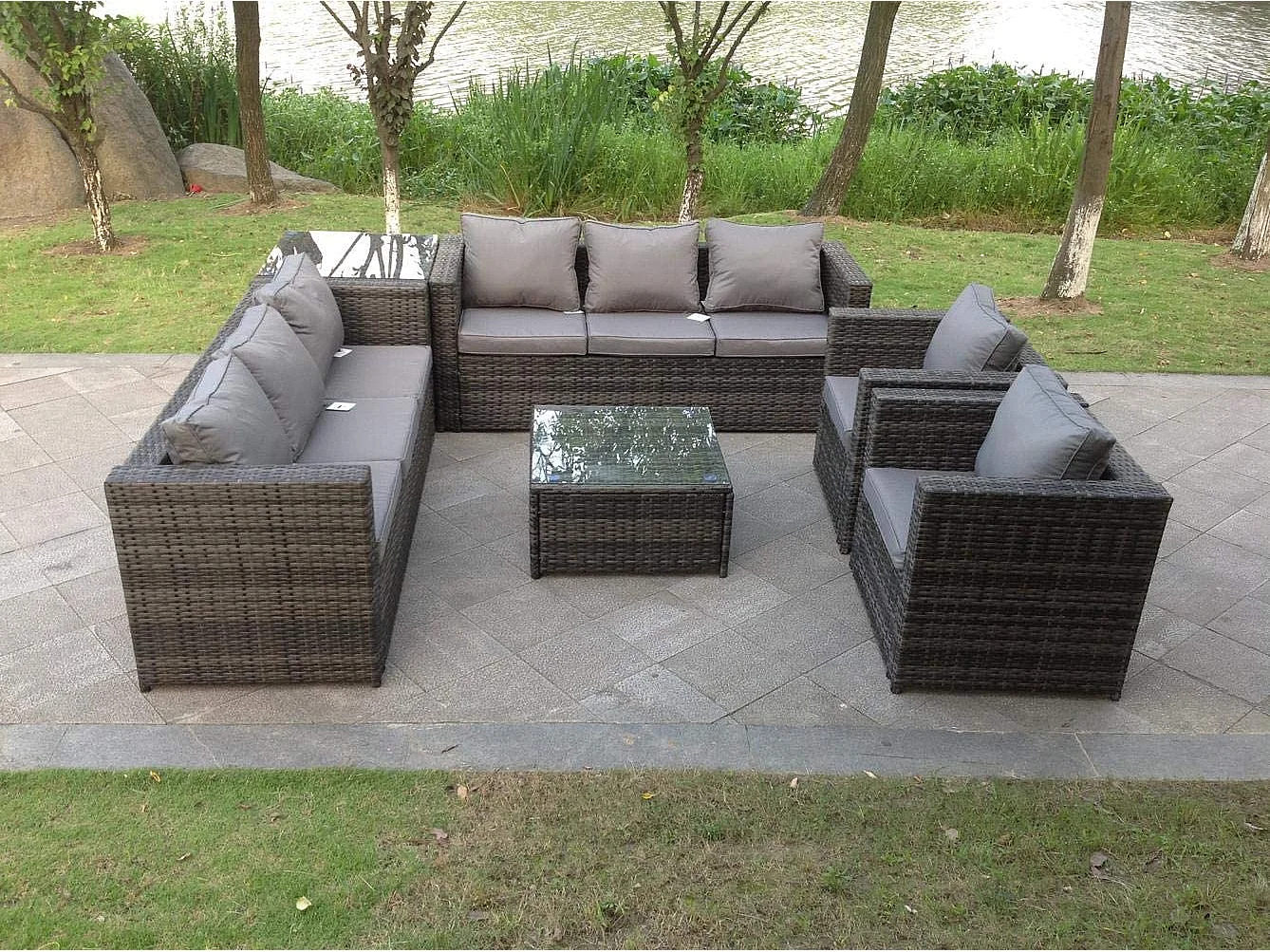 Fimous 8 Seater Grey Rattan Sofa Set Coffee Table Arm Chair Outdoor Garden Furniture