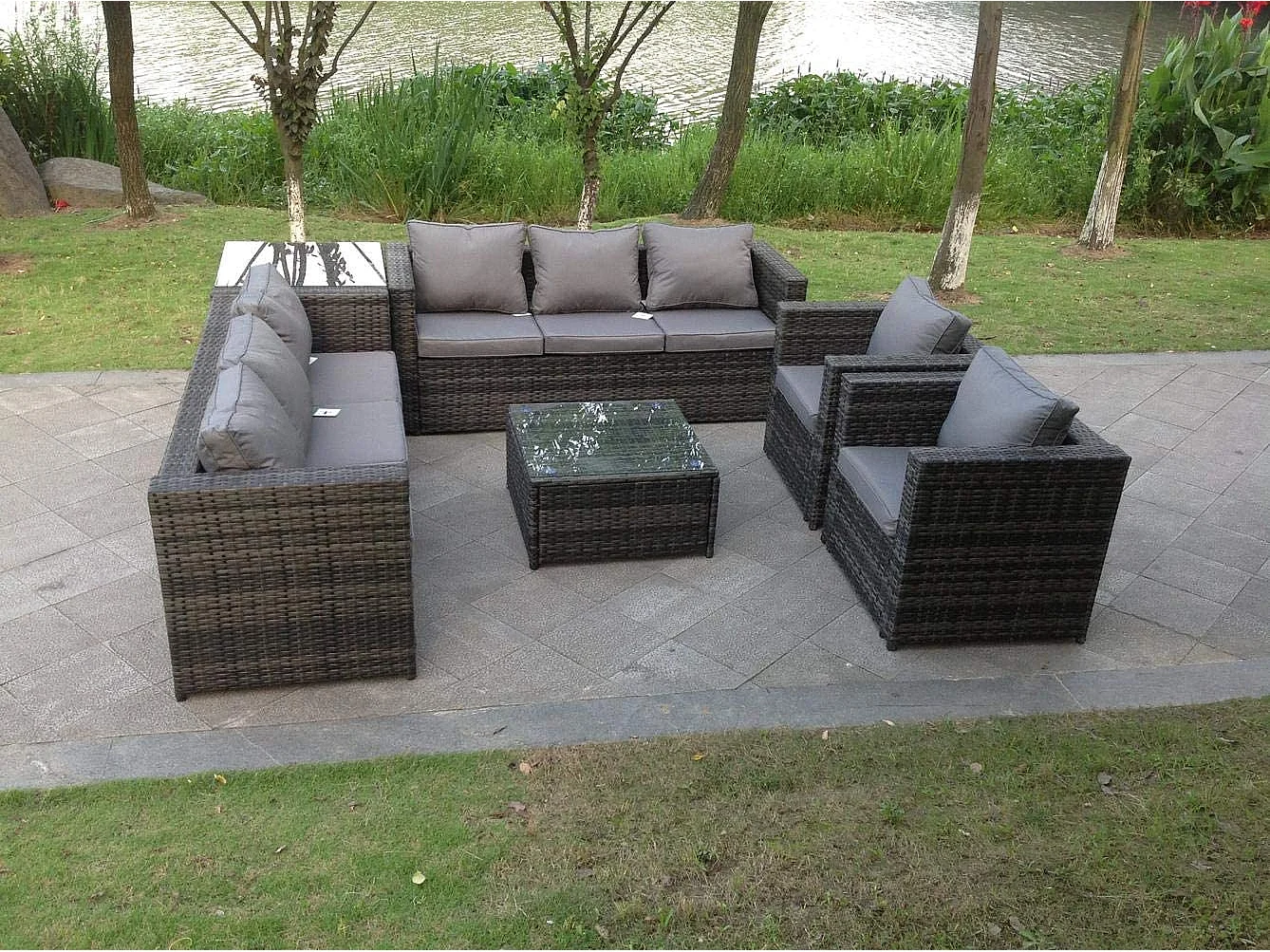 Fimous 8 Seater Grey Rattan Sofa Set Coffee Table Arm Chair Outdoor Garden Furniture