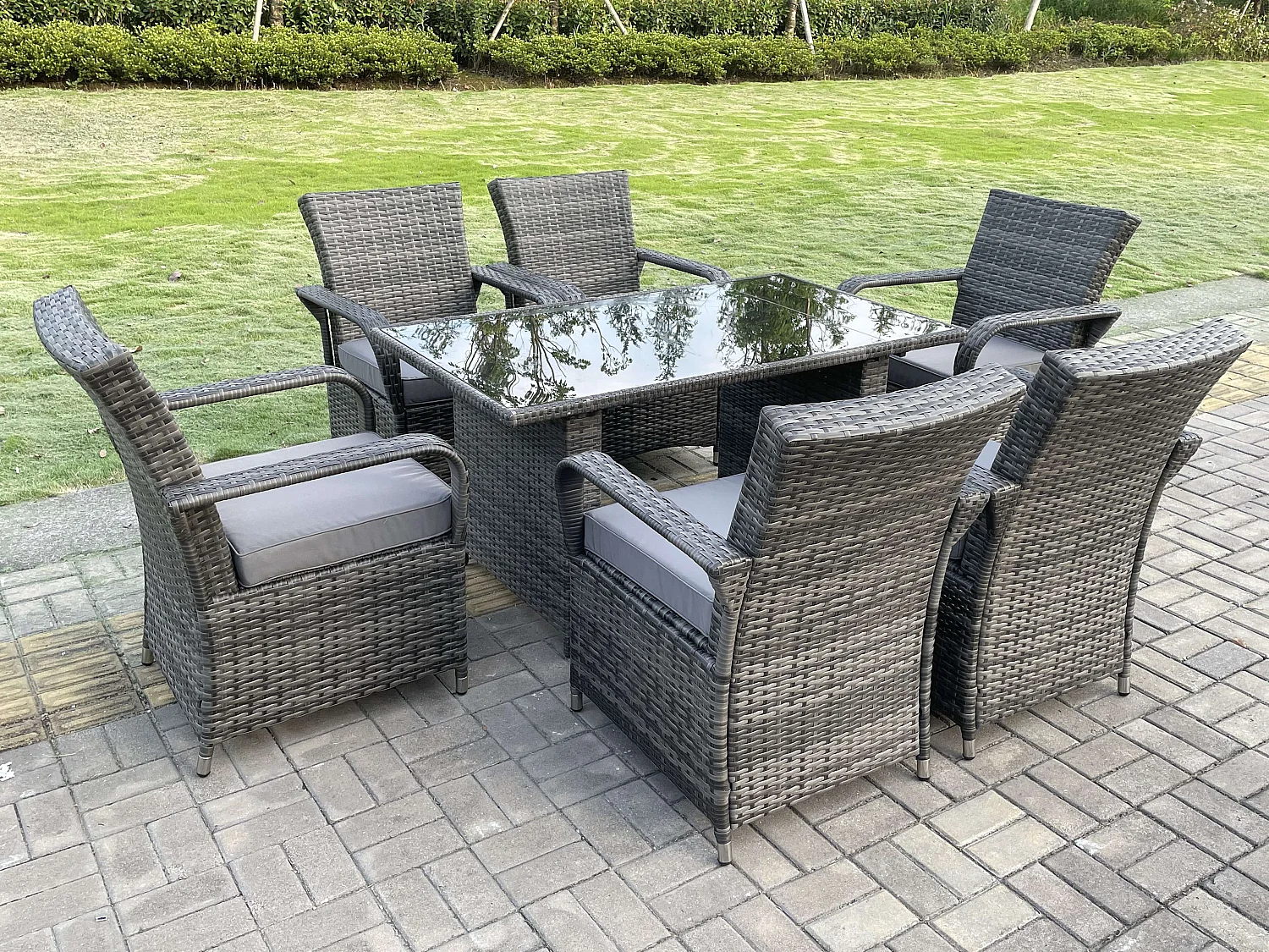 Fimous Outdoor Rattan Garden Furniture Dining Set Table And Chair Set Wicker Patio 6 Chairs Plus Black Tempered Glass Rectangular Table