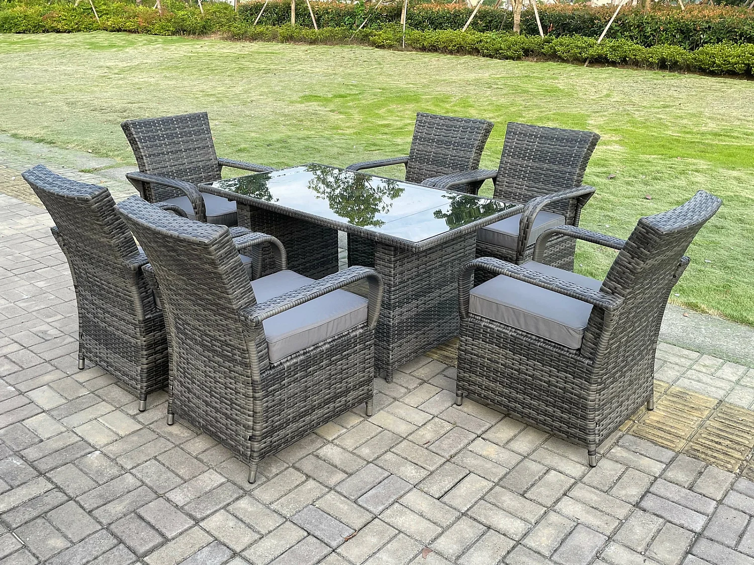 Fimous Outdoor Rattan Garden Furniture Dining Set Table And Chair Set Wicker Patio 6 Chairs Plus Black Tempered Glass Rectangular Table