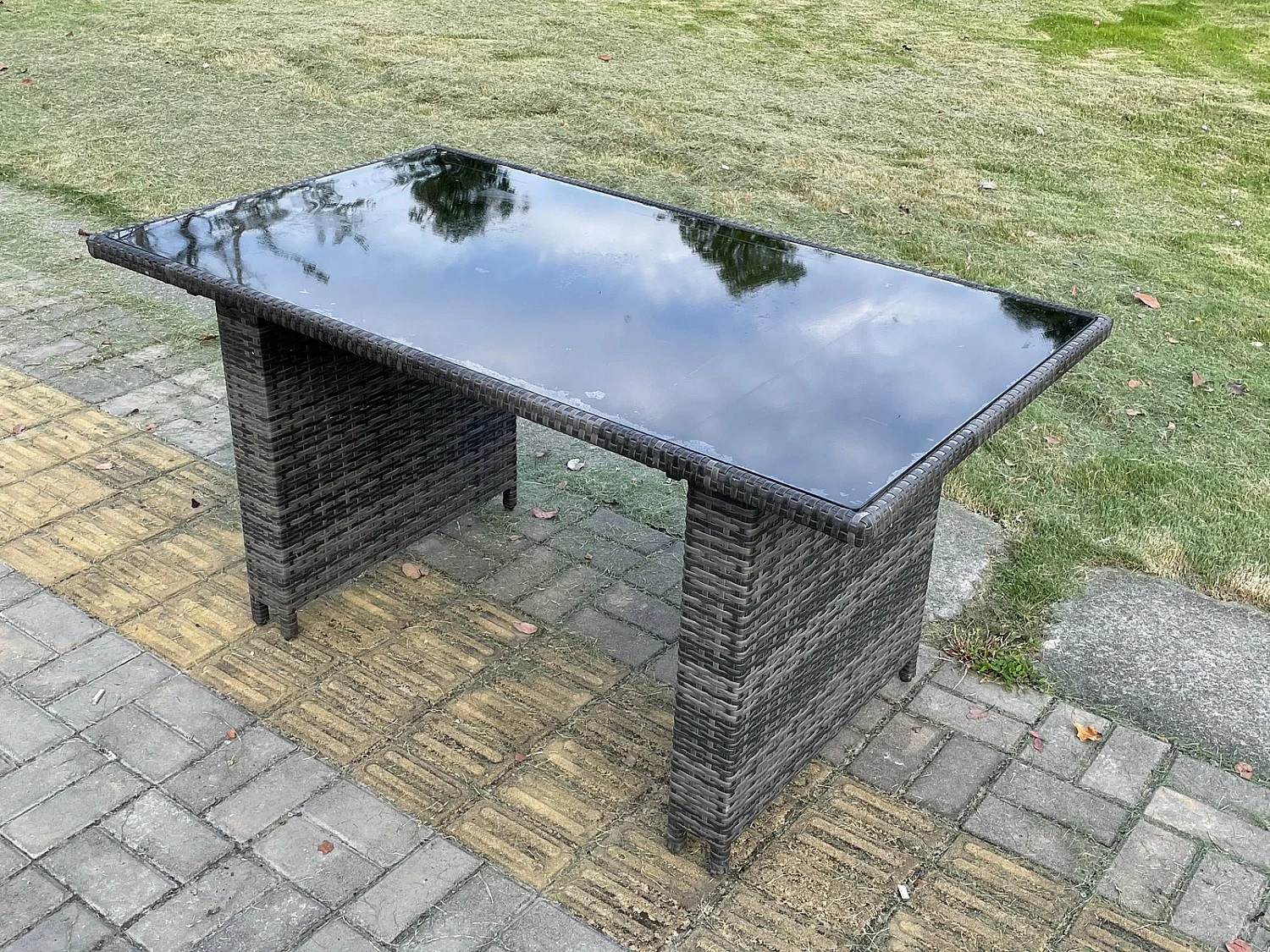 Fimous Outdoor Rattan Garden Furniture Dining Set Table And Chair Set Wicker Patio 6 Chairs Plus Black Tempered Glass Rectangular Table