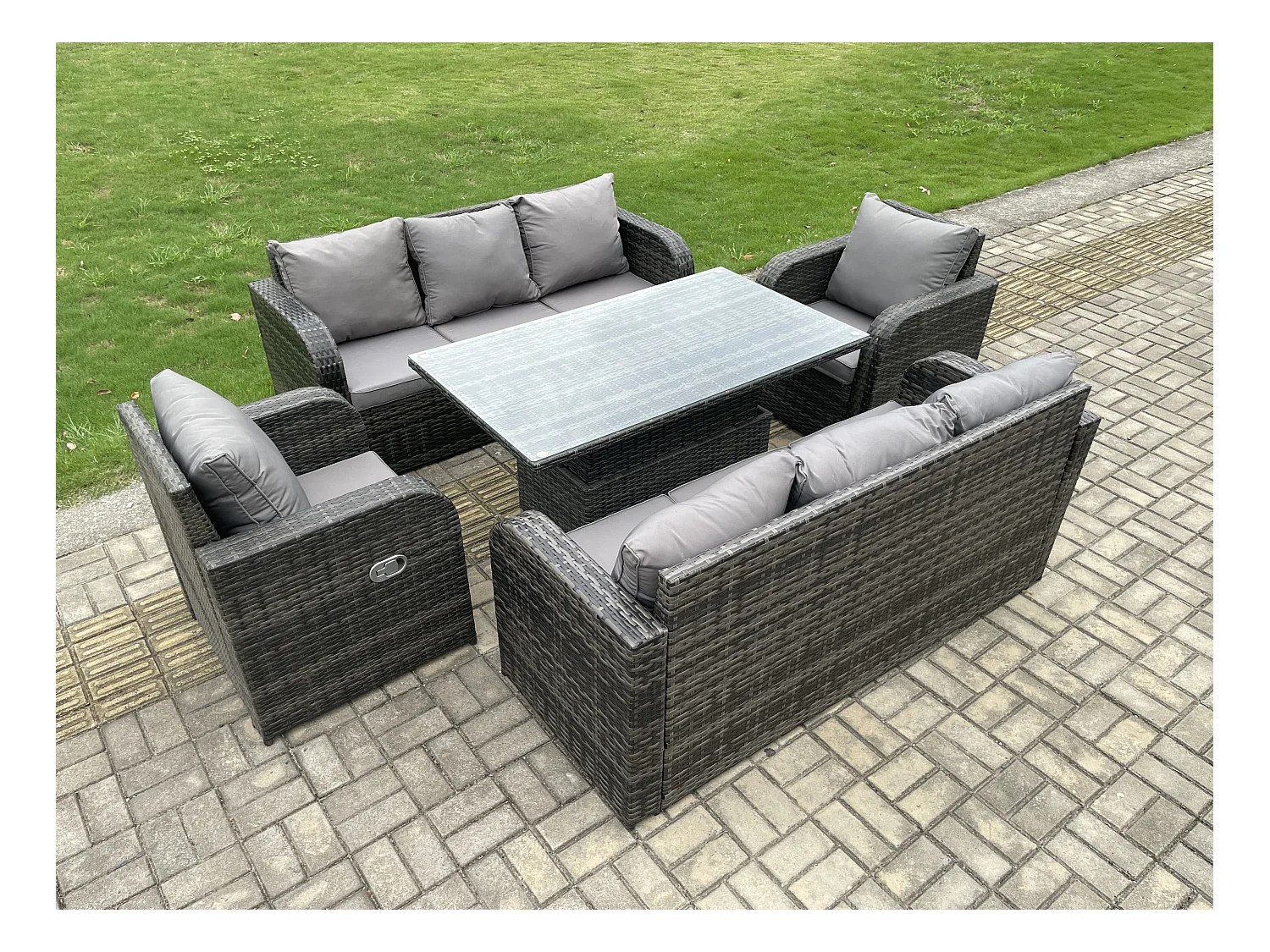 Polyrattan Gartenmöbel Set mit Einstellbare Höhe Esstisch 2 Liegestuhl 2 sofa Dunkelgrau gemischt