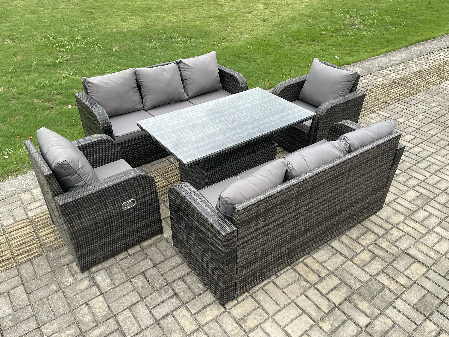 Fimous 8 Seater PE Rattan Outdoor Garden Furniture Sets Height Adjustable Rising lifting DiningTable Sofa Set with Reclining Chair Dark Grey Mixed