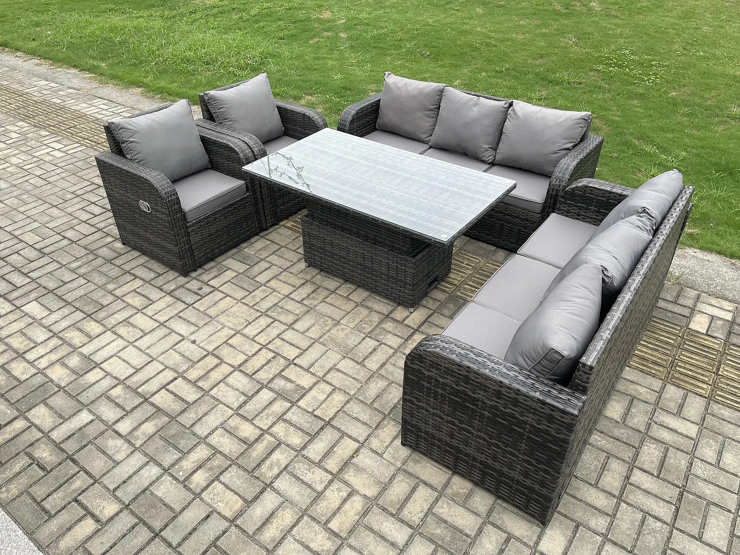 Fimous 8 Seater PE Rattan Outdoor Garden Furniture Sets Height Adjustable Rising lifting DiningTable Sofa Set with Reclining Chair Dark Grey Mixed