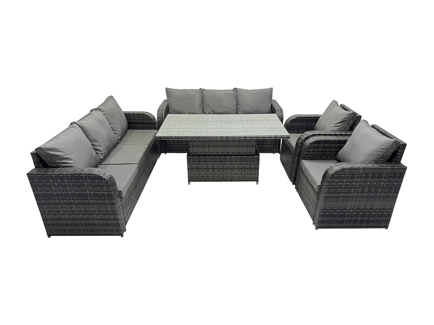 Fimous 8 Seater PE Rattan Outdoor Garden Furniture Sets Height Adjustable Rising lifting DiningTable Sofa Set with Reclining Chair Dark Grey Mixed